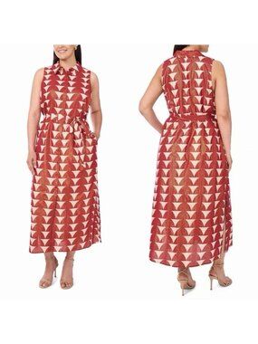Sleeveless Button-Down Maxi Dress With Tie Waist In Rio Red Print Size 3X By MSK